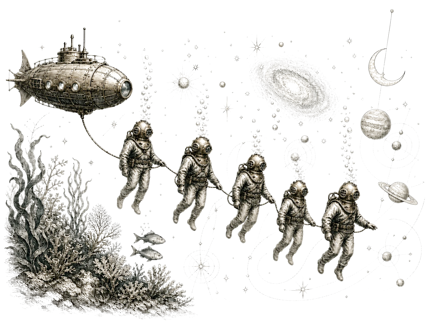 Cinq scaphandriers victoriens suivent un Nautilus dans un cosmos sous-marin, sous une surface ondulante et un croissant de lune subtilement suspendu